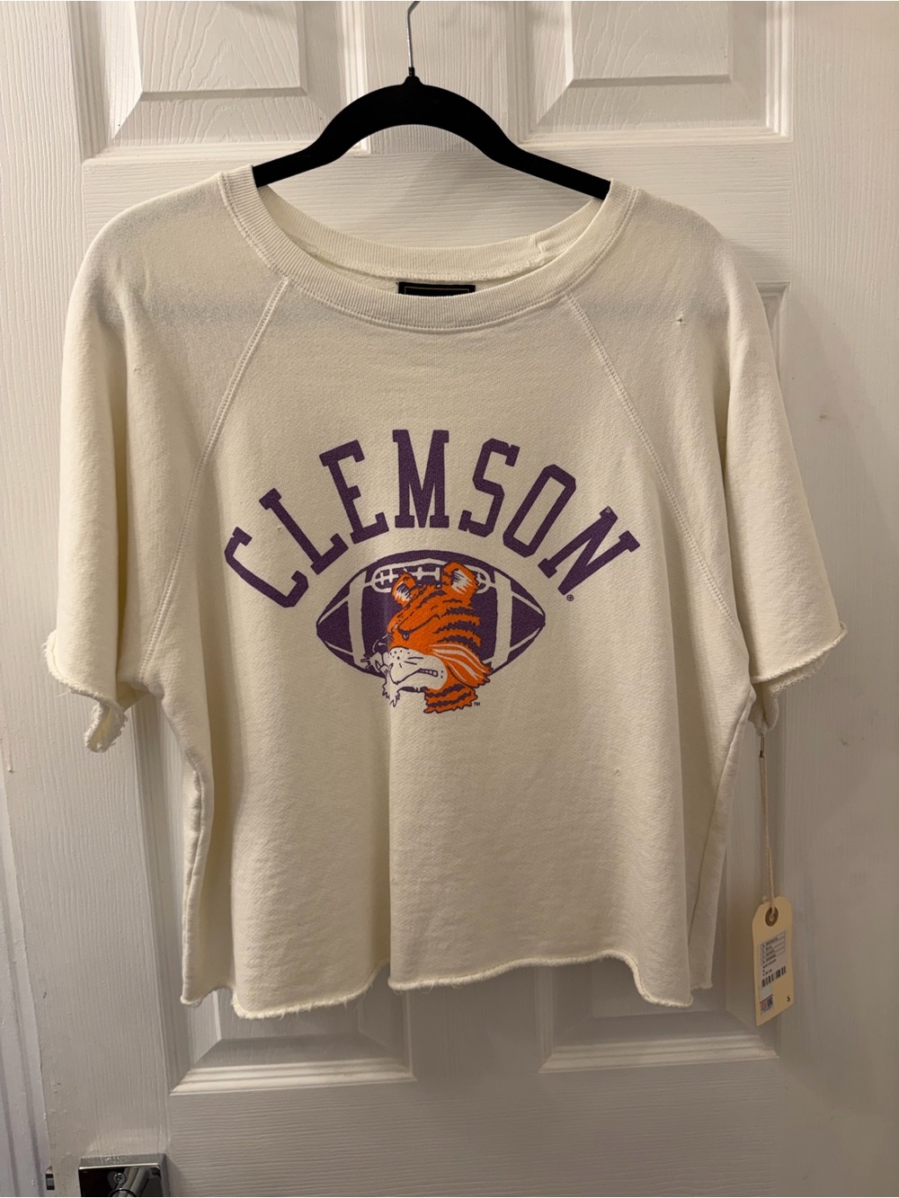 Original Retro Brand Cream Clemson Cropped Graphic Tee with Purple & Orange